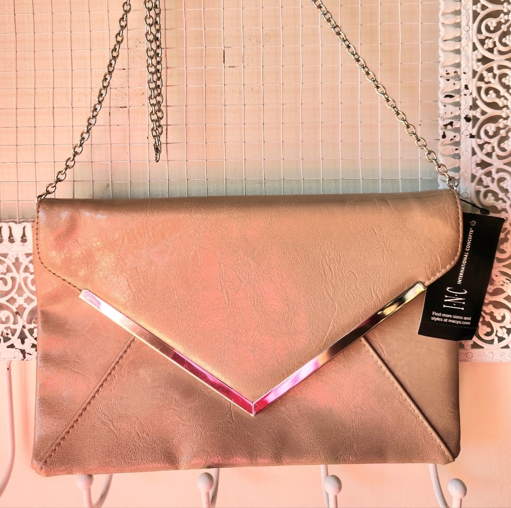INC Crossbody Clutch Tan Silver‎ Purse